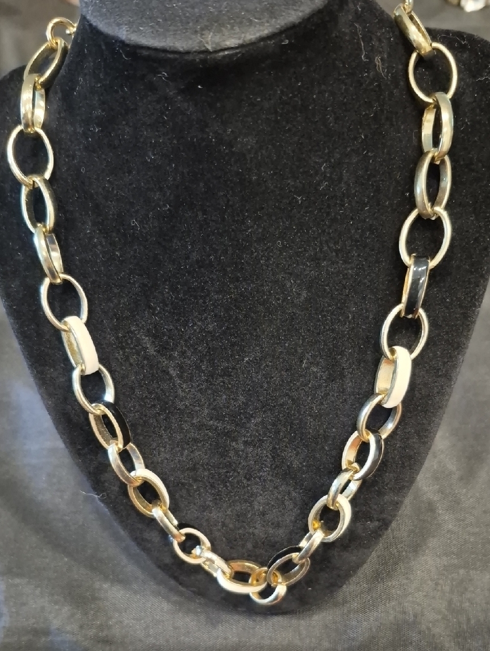 Gold Chain Necklace With Black And Cream Enamel Links